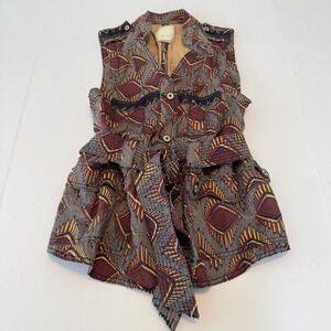 Elevenses Anthropologie Women's Small Cotton Linen Geo Tribal Boho Belted Vest